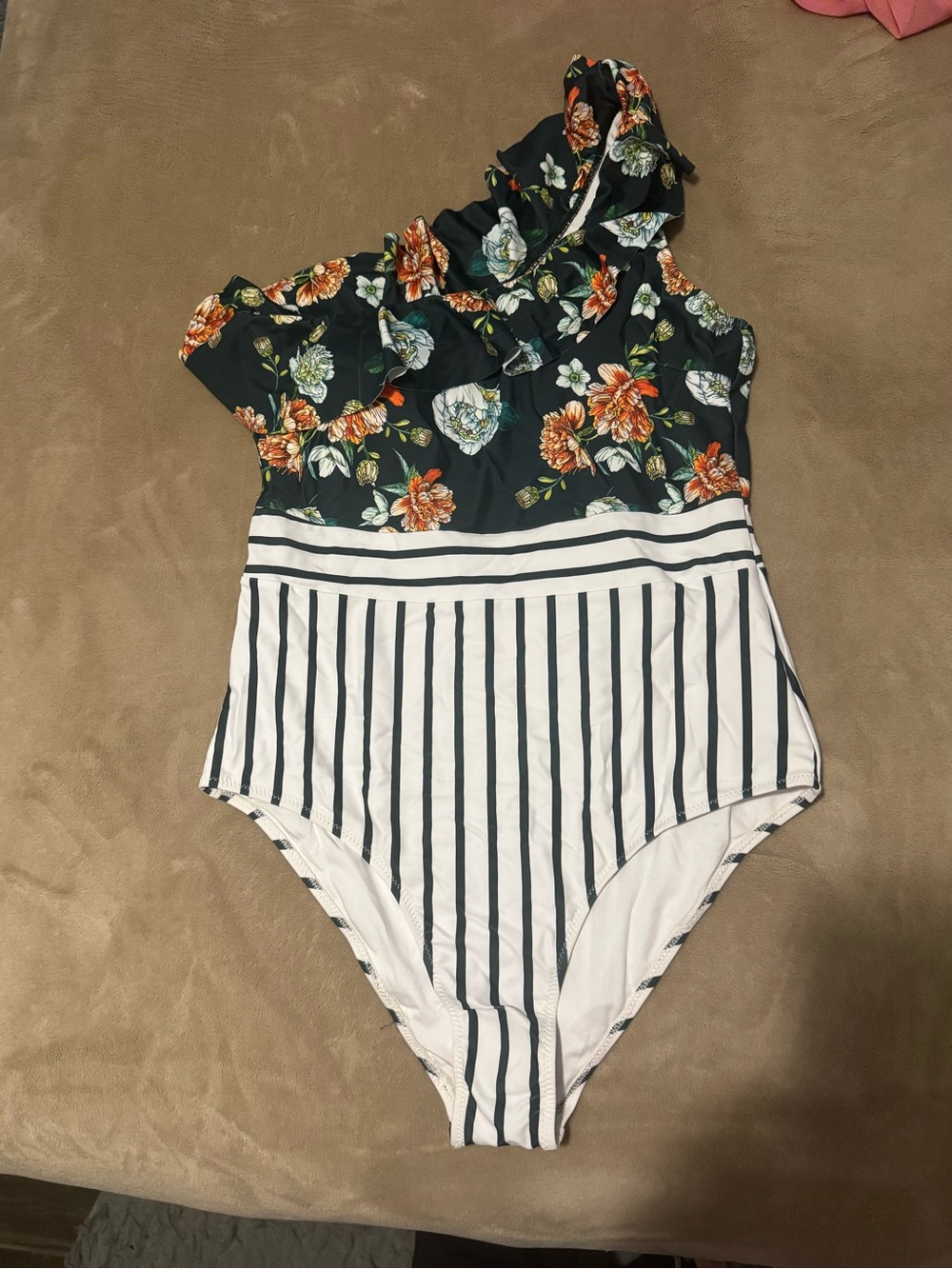 LINI Floral Ruffle One-Piece Swimsuit in Black, White and Orange